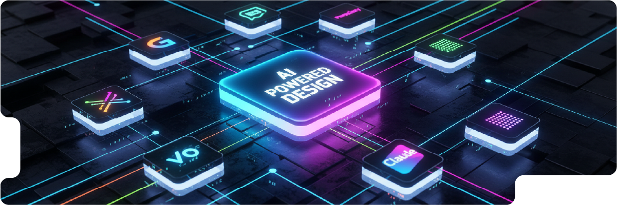 Hero image of Halo Design Academy showcasing a microchip connnected to various gen AI tools like gemini, chatgpt, claude, google ai studio, google notebooklm, miro ai, lovable, bolt, replit to represent ai assisted graphic and ui/ux design.